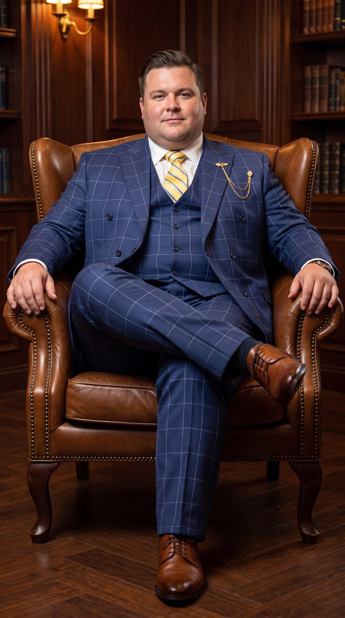 Mens Blue Plaid Double-Breasted Suit – Side-Vented Wedding, Business and Formal Suit