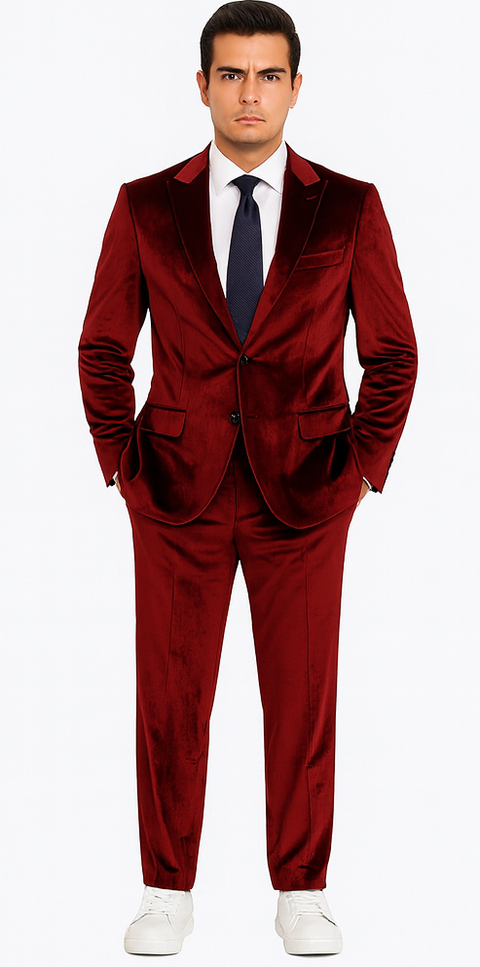 Tazzio Men’s Formal Burgundy Velvet Suit – Peak Lapel Slim Fit 2-Piece Outfit