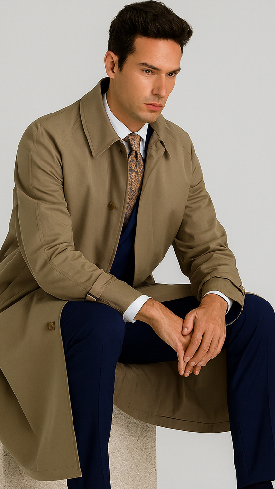 Men’s Dress Coat Tan 5 Button Front Full Length Raincoat