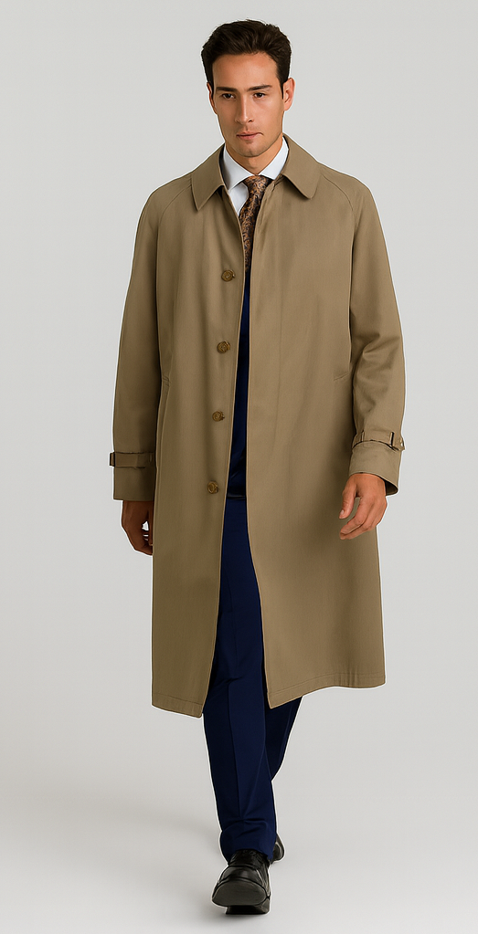 Men’s Dress Coat Tan 5 Button Front Full Length Raincoat