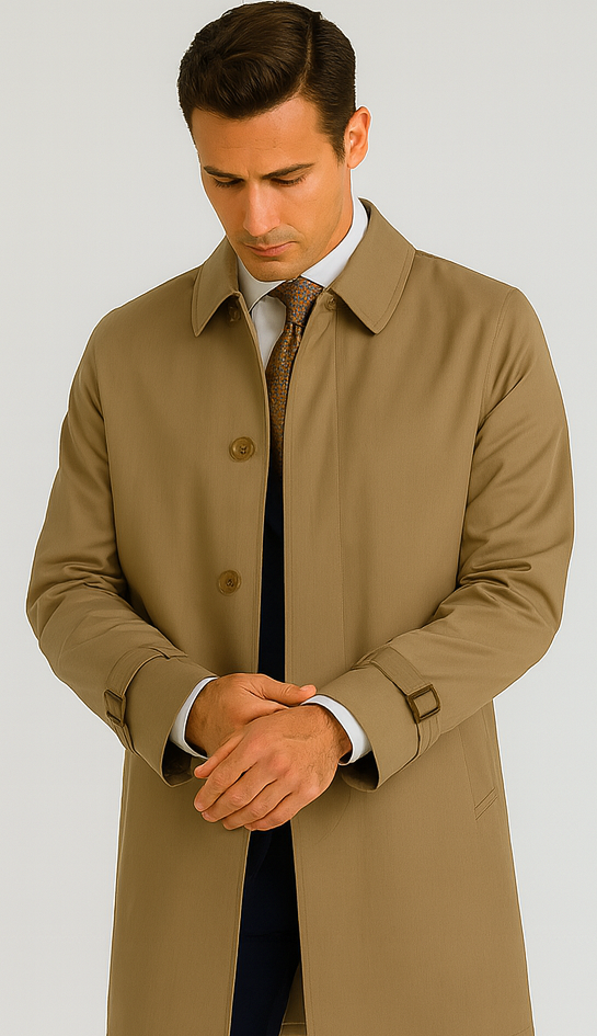 Men’s Dress Coat Tan 5 Button Front Full Length Raincoat