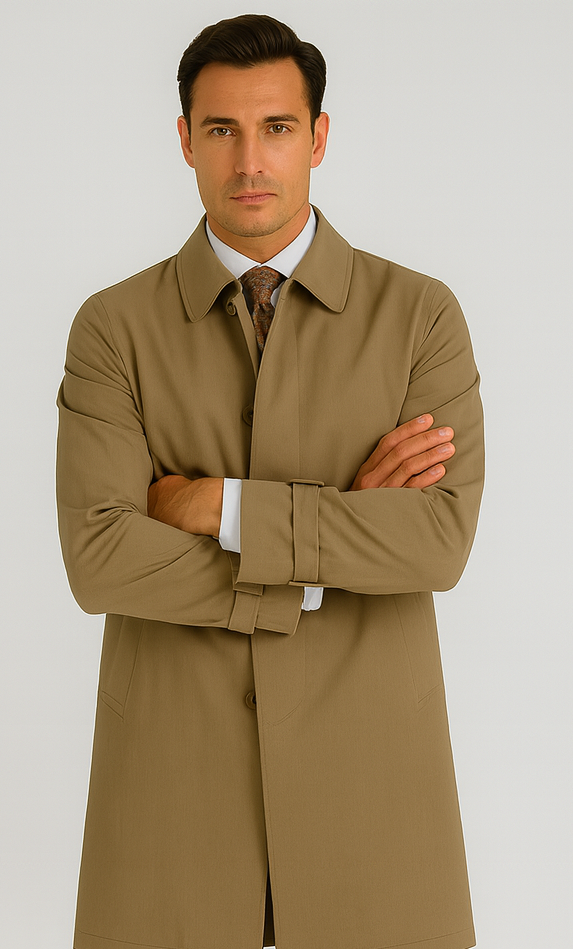 Men’s Dress Coat Tan 5 Button Front Full Length Raincoat