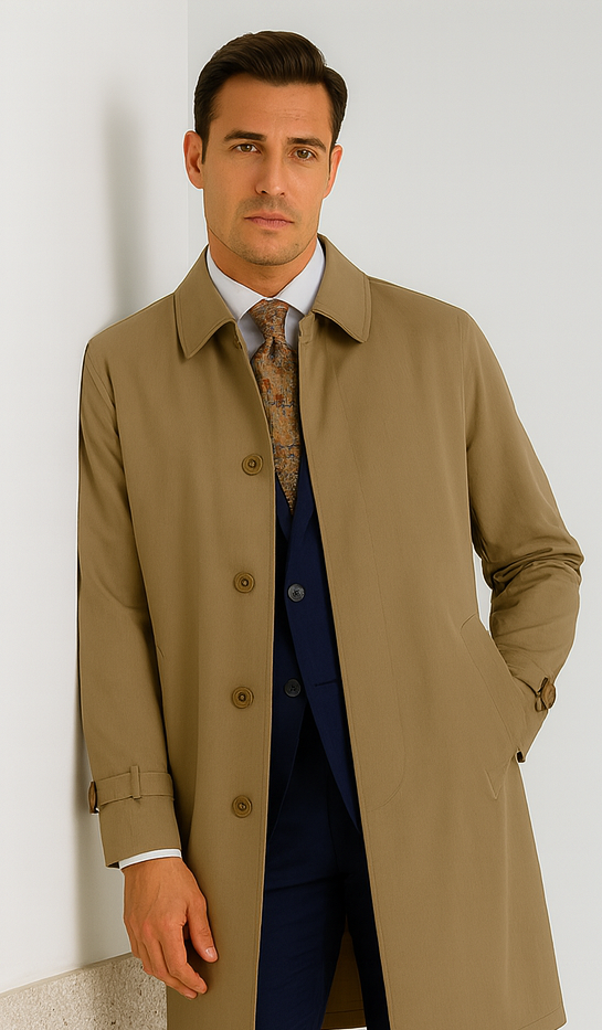 Men’s Dress Coat Tan 5 Button Front Full Length Raincoat