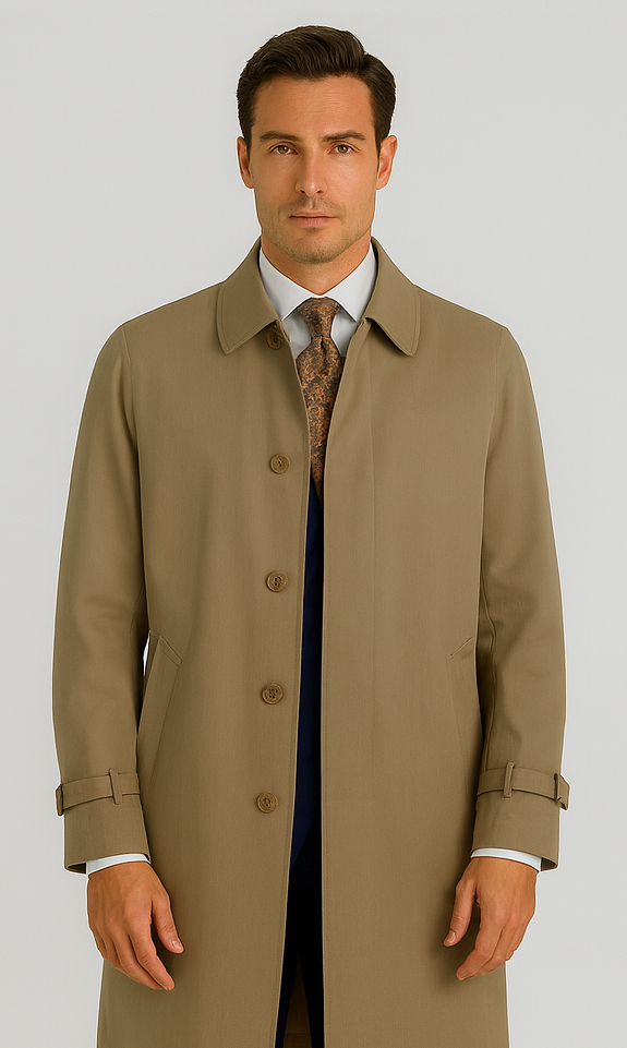 Men’s Dress Coat Tan 5 Button Front Full Length Raincoat