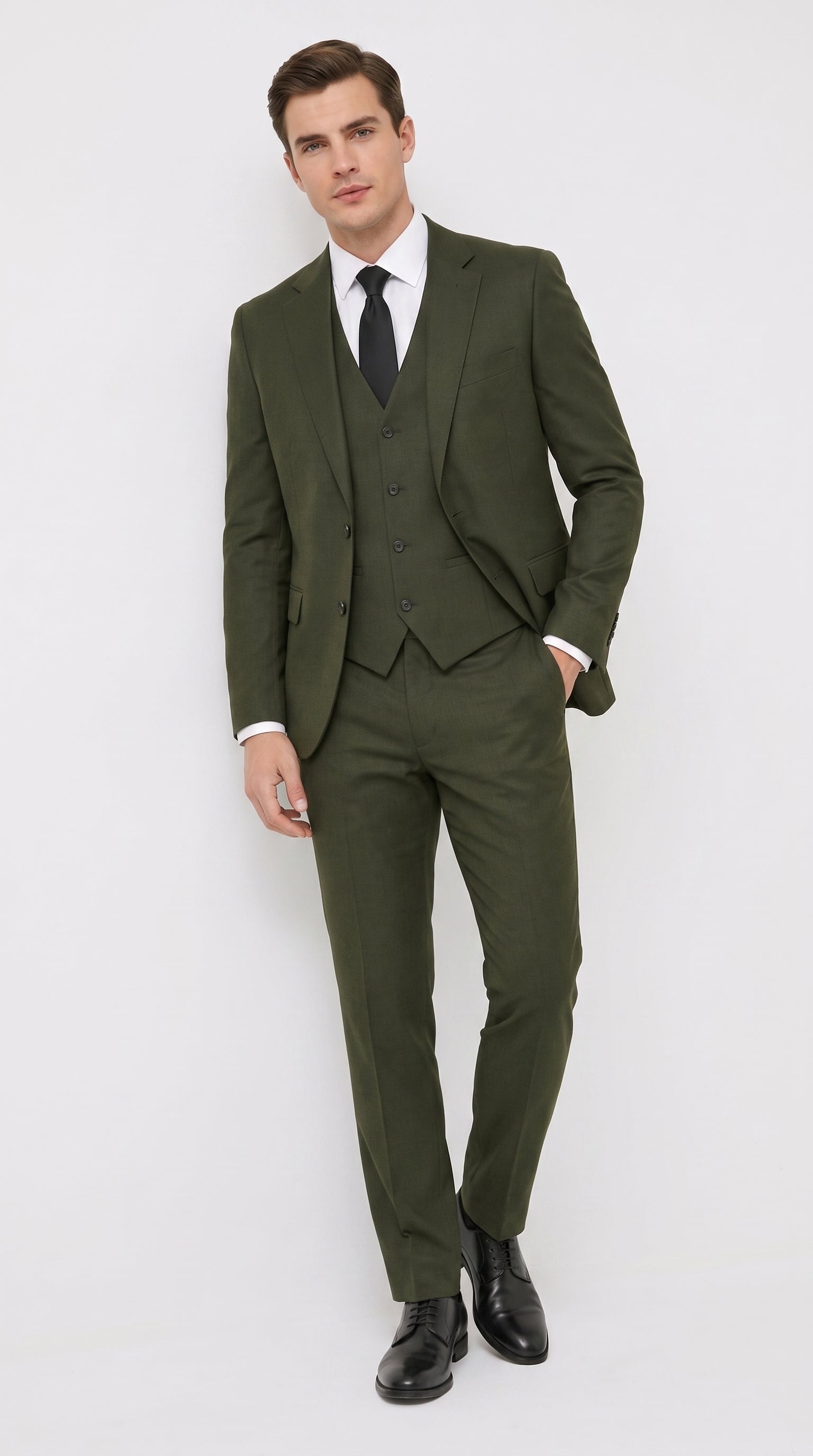 Mens Military Green 3-Piece Suit – Slim Fit Wedding, Business & Formal Suit with Vested Set