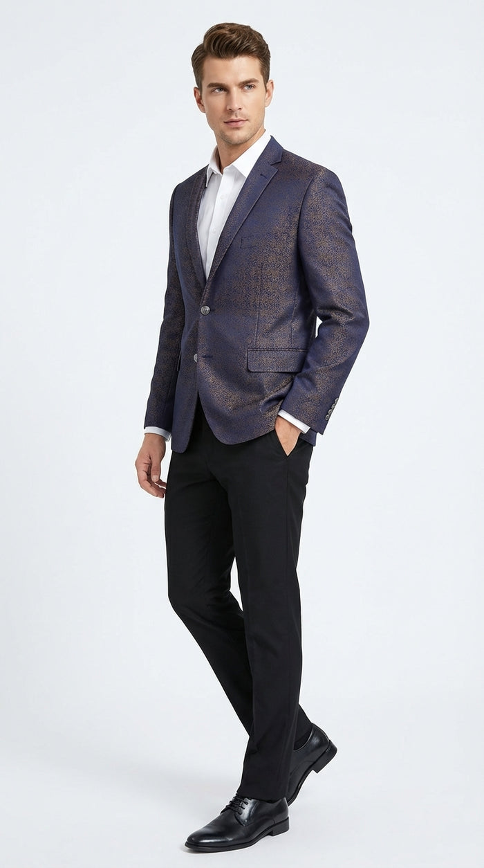 Men’s Navy Blue Plum Burgundy and Gold Jacquard Blazer – Elegant Two Button Formal Dinner Jacket Sport Coat Paisley Floral