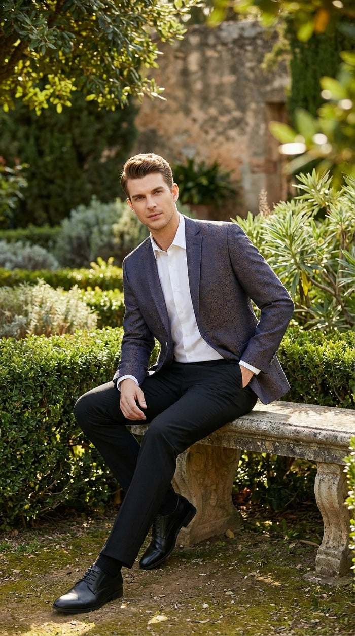 Men’s Navy Blue Plum Burgundy and Gold Jacquard Blazer – Elegant Two Button Formal Dinner Jacket Sport Coat Paisley Floral