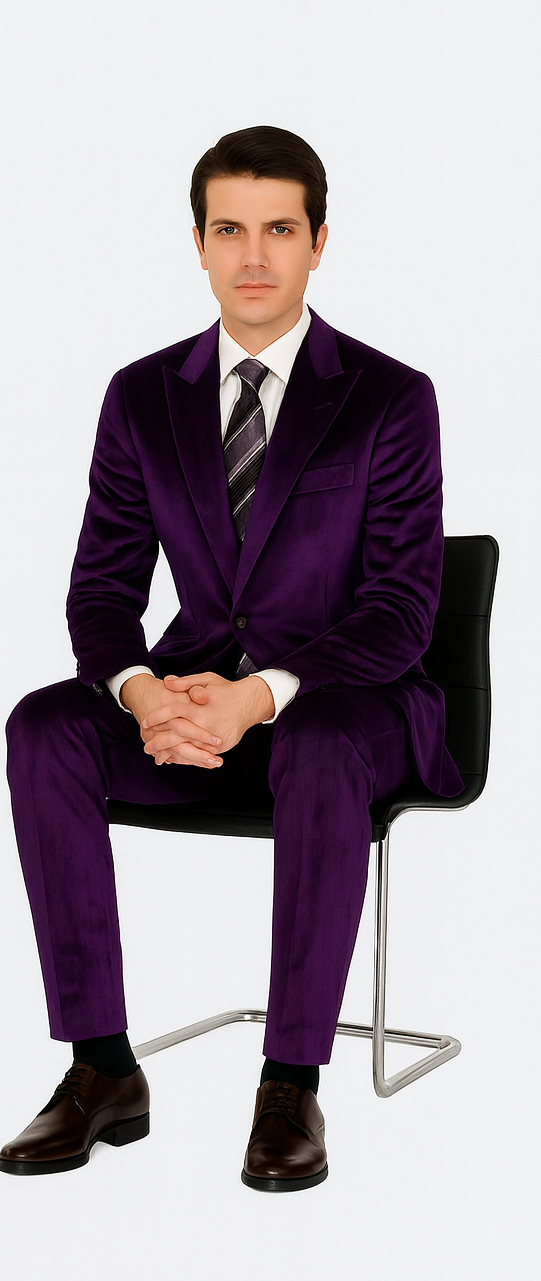 Tazzio Men’s Slim Fit Purple Velvet Suit – Peak Lapel 2-Piece Formal Outfit