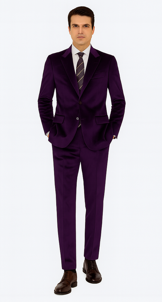 Tazzio Men’s Slim Fit Purple Velvet Suit – Peak Lapel 2-Piece Formal Outfit