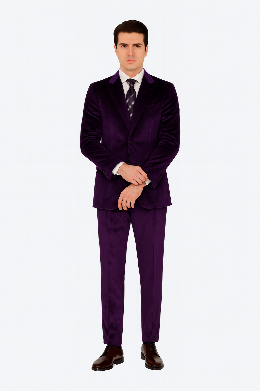 Tazzio Men’s Slim Fit Purple Velvet Suit – Peak Lapel 2-Piece Formal Outfit