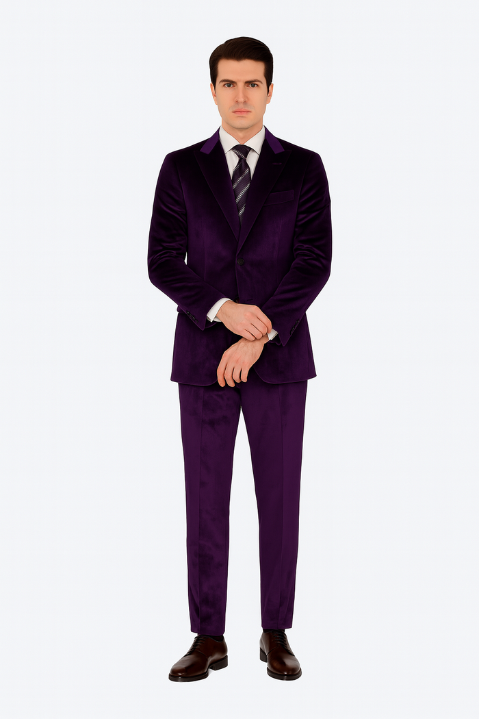Purple Velvet Peak Lapel Skinny Fit Suit by Tazzio
