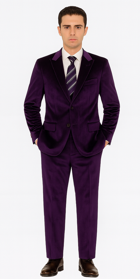 Tazzio Men’s Slim Fit Purple Velvet Suit – Peak Lapel 2-Piece Formal Outfit