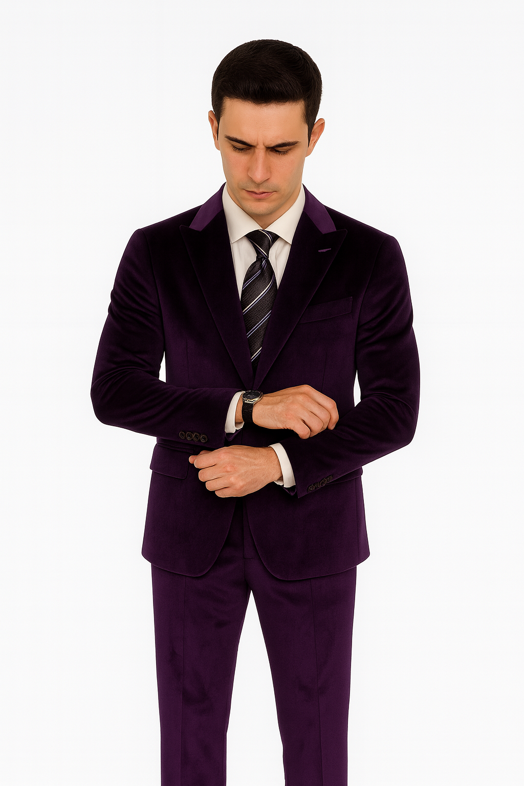 Tazzio Men’s Slim Fit Purple Velvet Suit – Peak Lapel 2-Piece Formal Outfit