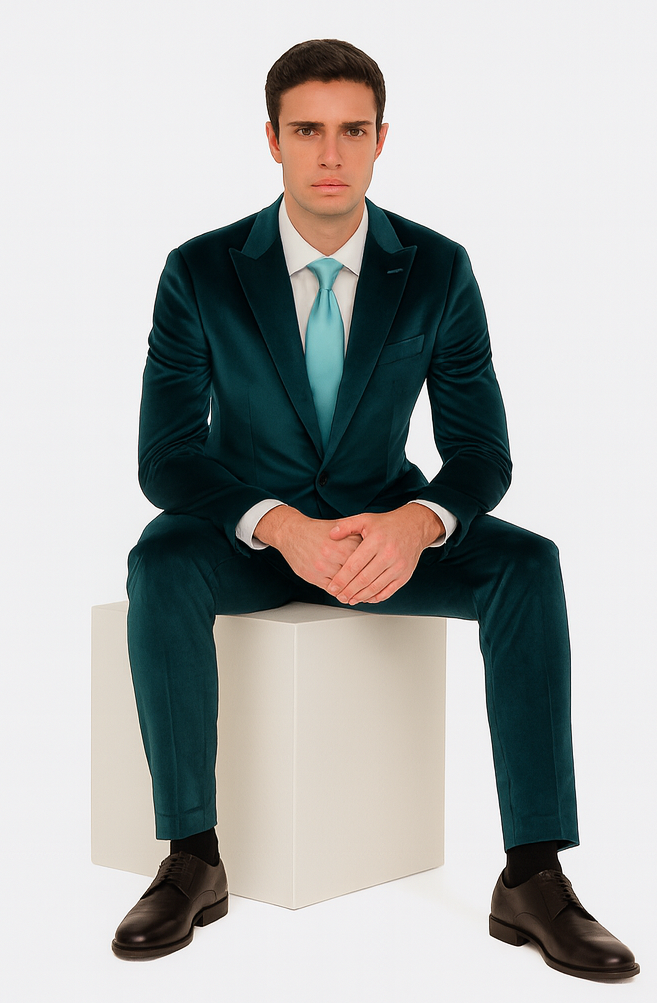 Tazzio Men’s Teal Velvet 2-Piece Suit – Slim Fit Peak Lapel Tuxedo Style