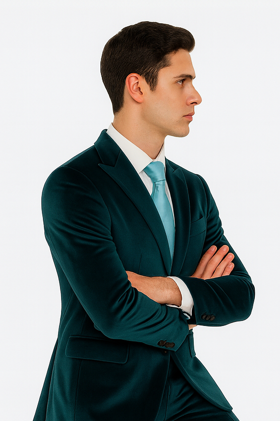 Tazzio Men’s Teal Velvet 2-Piece Suit – Slim Fit Peak Lapel Tuxedo Style