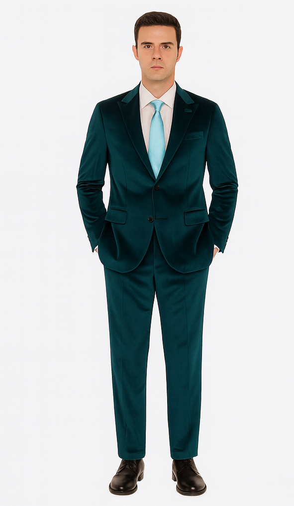 Tazzio Men’s Teal Velvet 2-Piece Suit – Slim Fit Peak Lapel Tuxedo Style