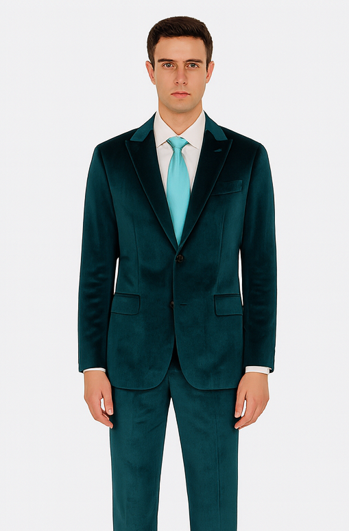 Tazzio Men’s Teal Velvet 2-Piece Suit – Slim Fit Peak Lapel Tuxedo Style