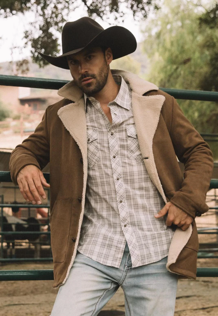 Mens Western Cowboy Long Coat – Brown Faux Suede Frontier Style Jacket