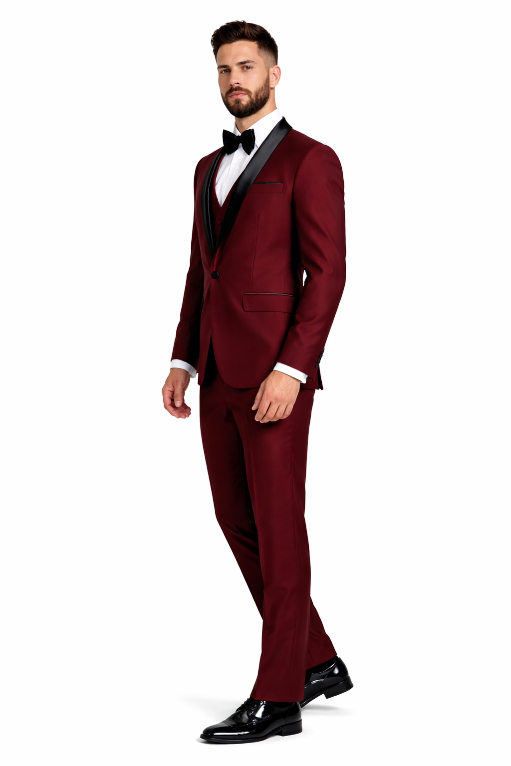 Burgundy Sharkskin Shawl Lapel Vested Tuxedo