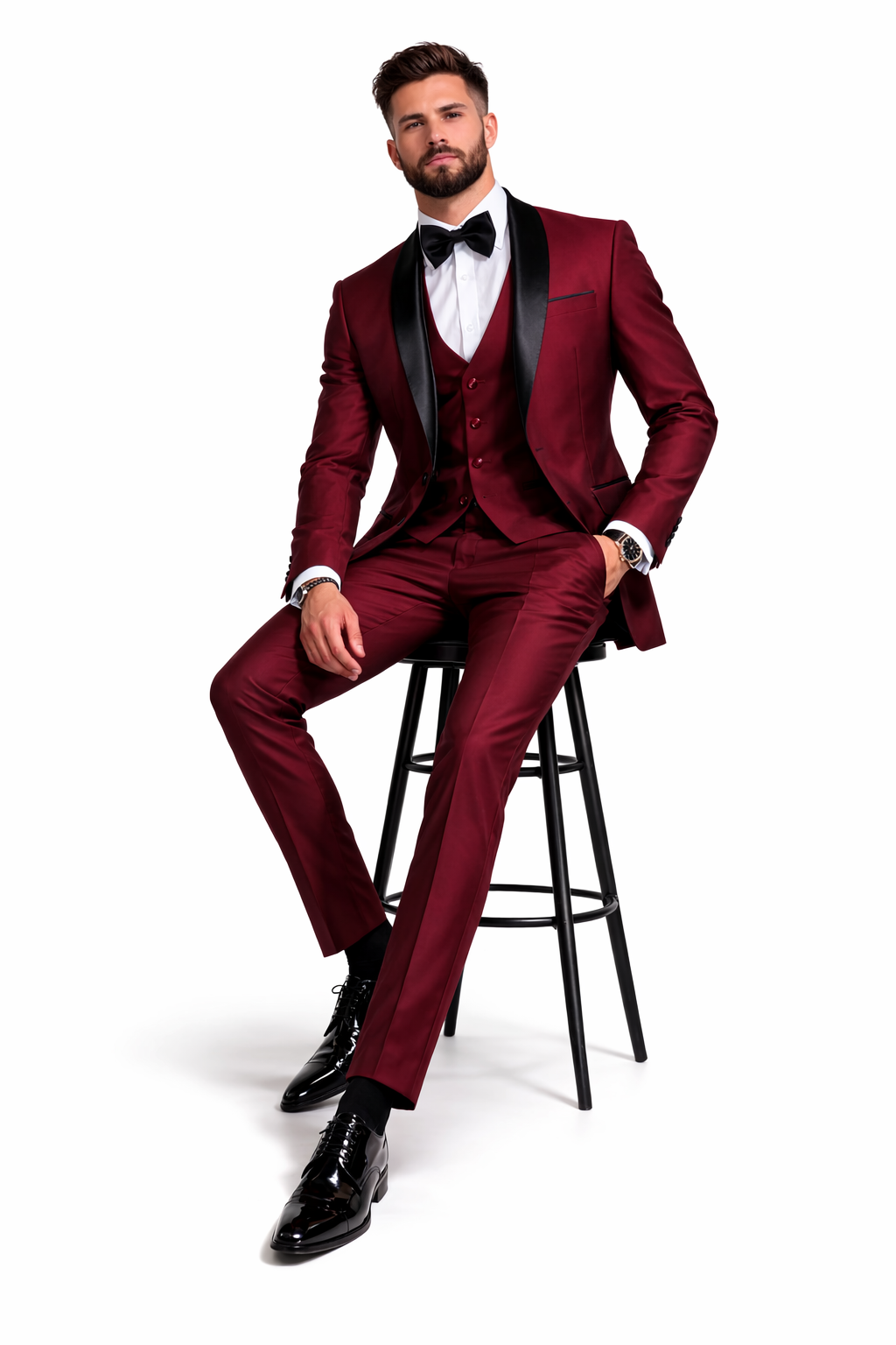 Burgundy Sharkskin Shawl Lapel Vested Tuxedo