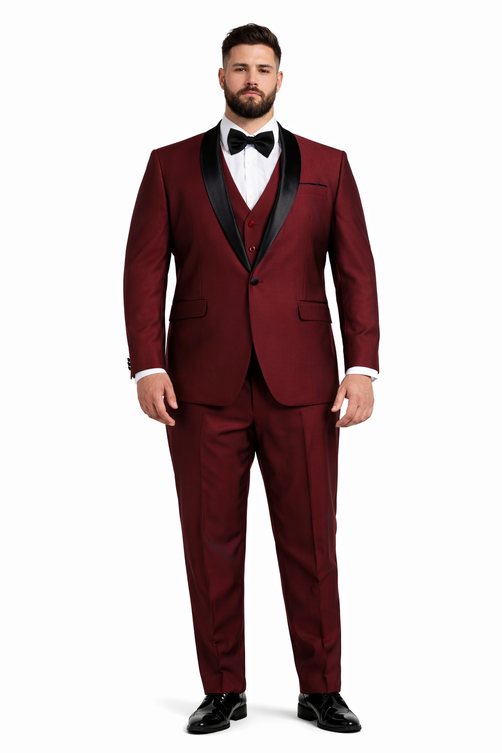 Burgundy Sharkskin Shawl Lapel Vested Tuxedo