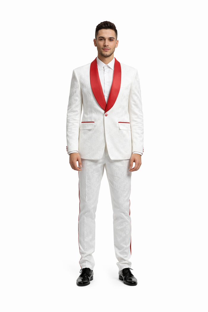 Mens 1 Button Shawl Lapel White And Hot Red Wedding / Prom Outfit Tuxedo Suit + White Pants & White Vest