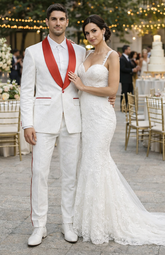 Mens 1 Button Shawl Lapel White And Hot Red Wedding / Prom Outfit Tuxedo Suit + White Pants & White Vest