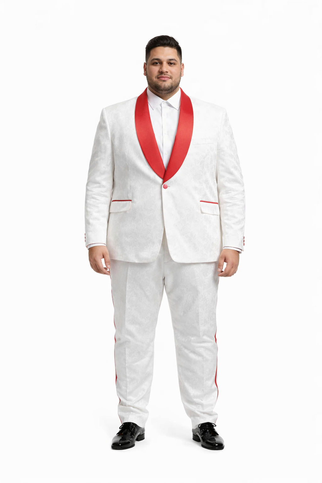 Mens 1 Button Shawl Lapel White And Hot Red Wedding / Prom Outfit Tuxedo Suit + White Pants & White Vest
