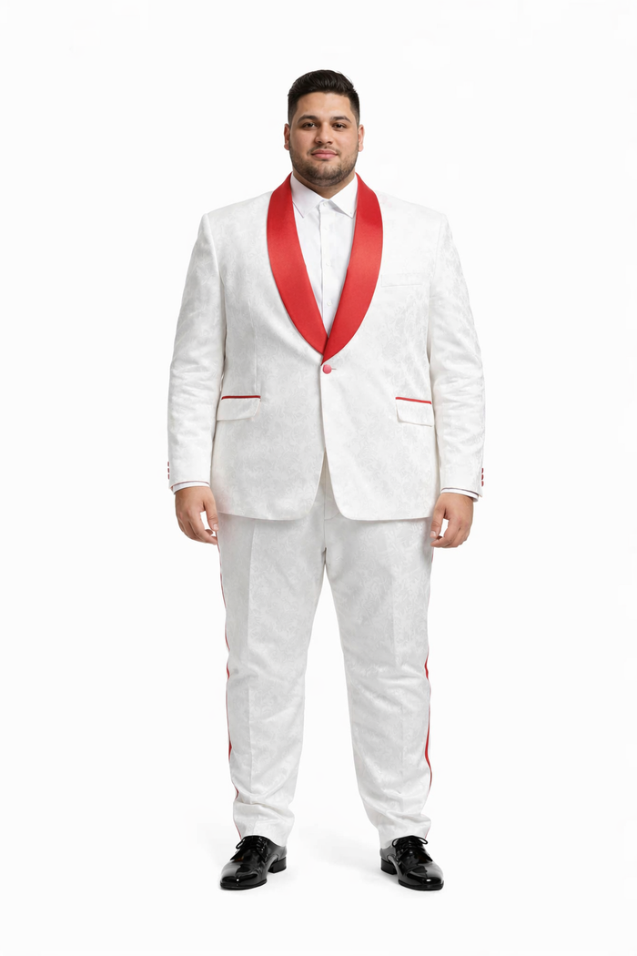 Mens 1 Button Shawl Lapel White And Hot Red Wedding / Prom Outfit Tuxedo Suit + White Pants & White Vest