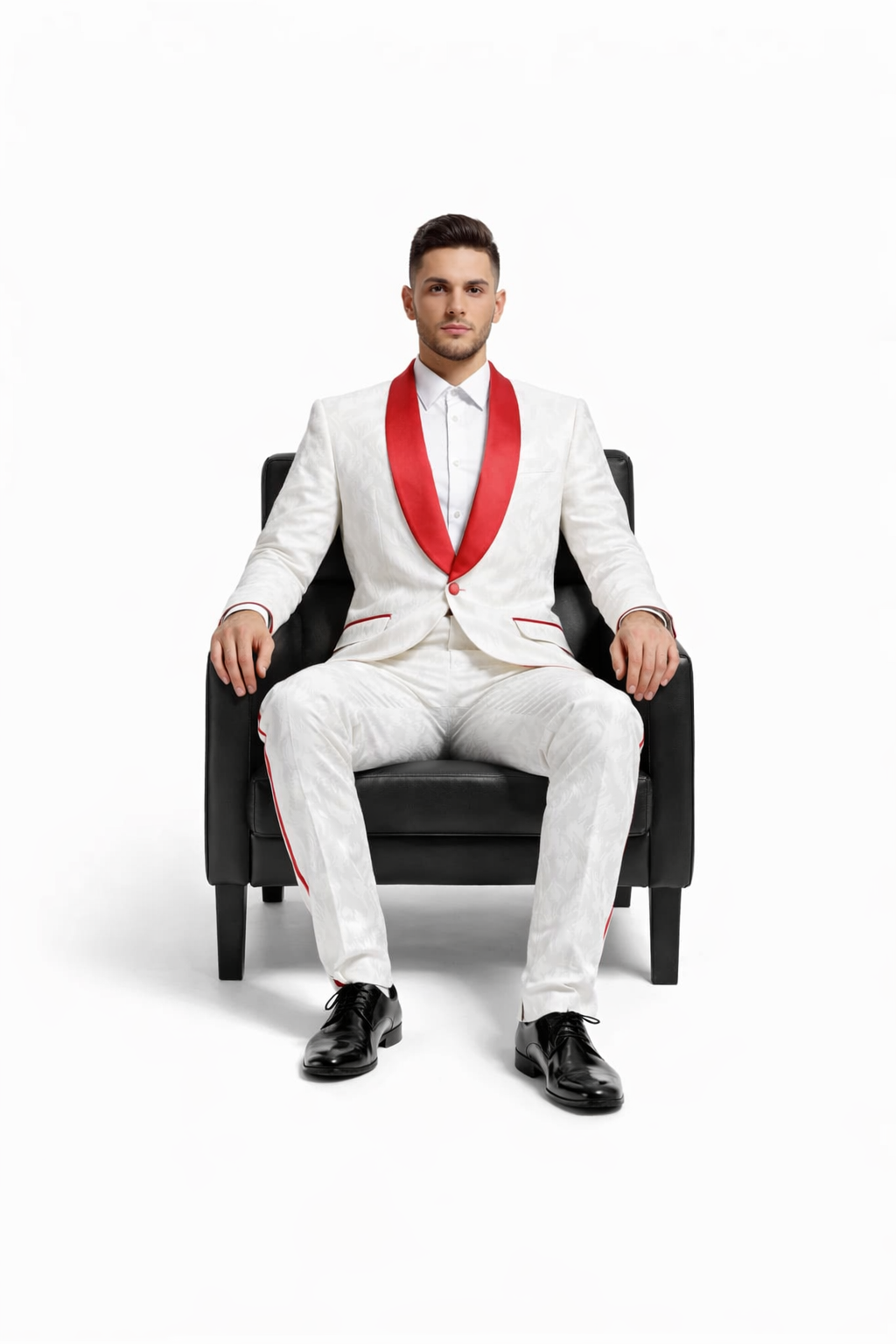Mens 1 Button Shawl Lapel White And Hot Red Wedding / Prom Outfit Tuxedo Suit + White Pants & White Vest