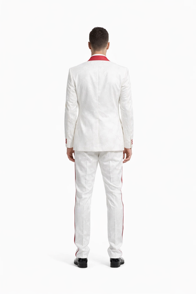 Mens 1 Button Shawl Lapel White And Hot Red Wedding / Prom Outfit Tuxedo Suit + White Pants & White Vest