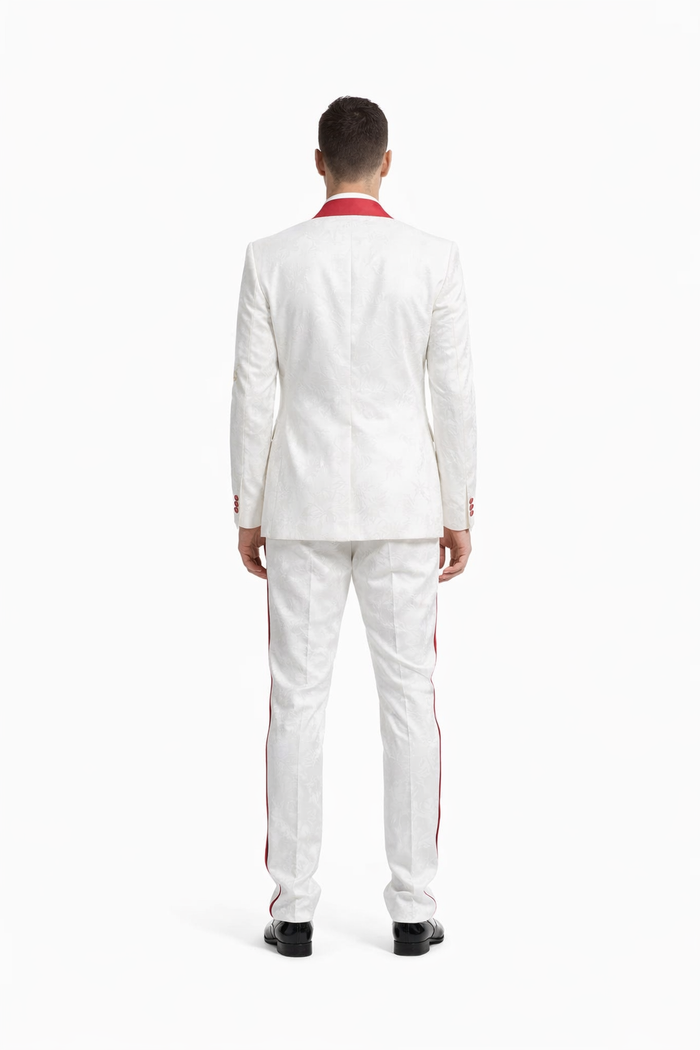 Mens 1 Button Shawl Lapel White And Hot Red Wedding / Prom Outfit Tuxedo Suit + White Pants & White Vest