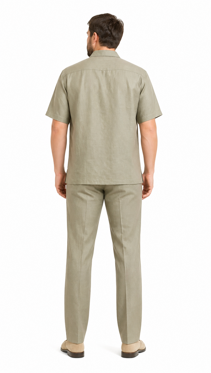Men's 100% linen Casual Two Piece Mens Walking Outfit For Sale Pant Sets set (short sleeve shirt & long pant) Khaki ~ Taupe Color