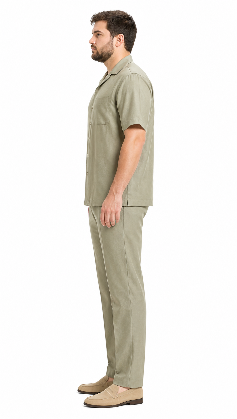 Men's 100% linen Casual Two Piece Mens Walking Outfit For Sale Pant Sets set (short sleeve shirt & long pant) Khaki ~ Taupe Color