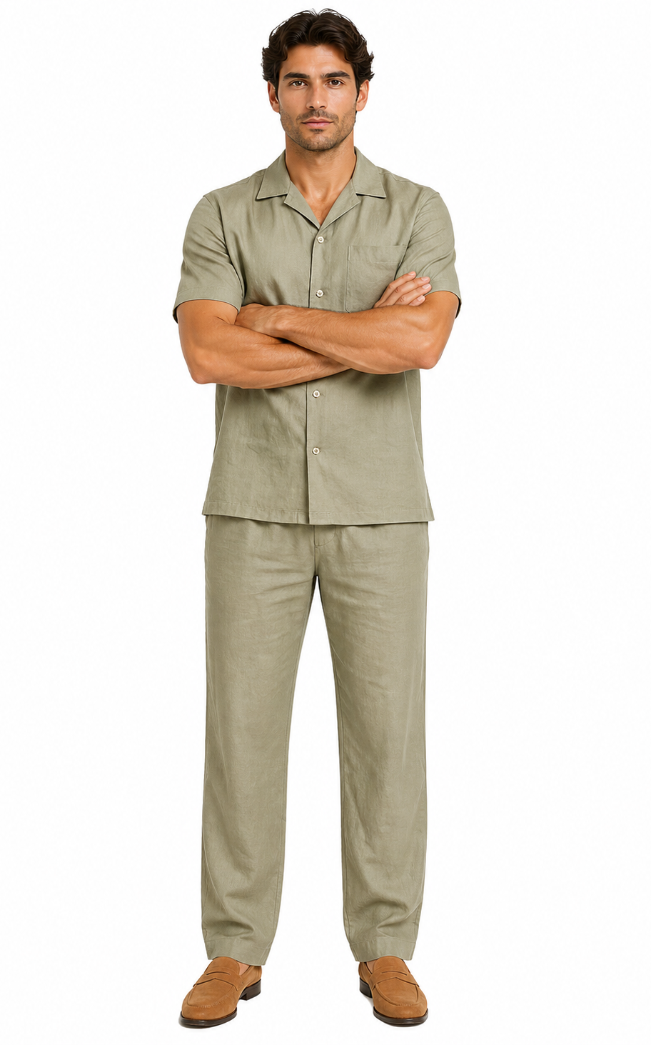 Men's 100% linen Casual Two Piece Mens Walking Outfit For Sale Pant Sets set (short sleeve shirt & long pant) Khaki ~ Taupe Color