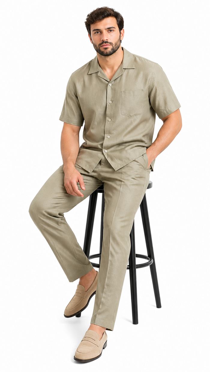 Men's 100% linen Casual Two Piece Mens Walking Outfit For Sale Pant Sets set (short sleeve shirt & long pant) Khaki ~ Taupe Color