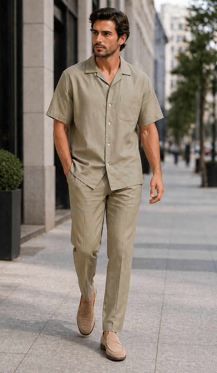 Men's 100% linen Casual Two Piece Mens Walking Outfit For Sale Pant Sets set (short sleeve shirt & long pant) Khaki ~ Taupe Color