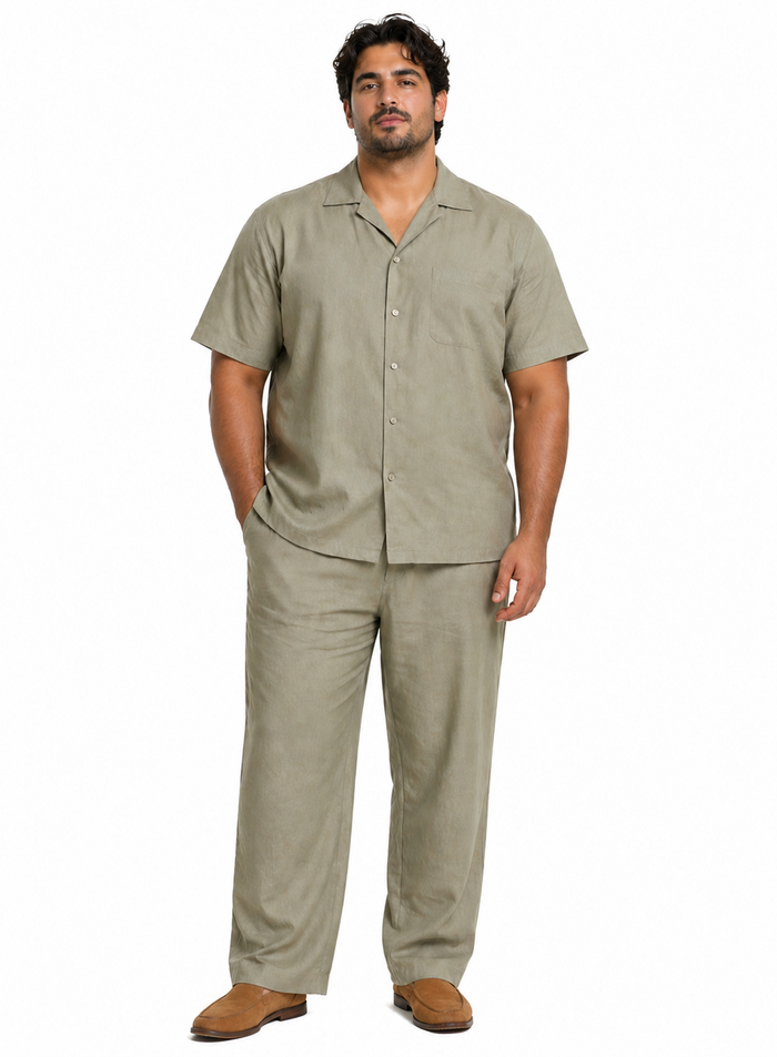 Men's 100% linen Casual Two Piece Mens Walking Outfit For Sale Pant Sets set (short sleeve shirt & long pant) Khaki ~ Taupe Color