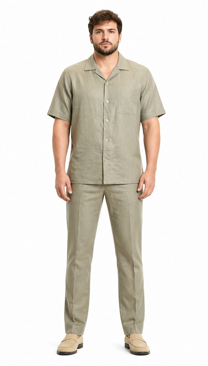 Men's 100% linen Casual Two Piece Mens Walking Outfit For Sale Pant Sets set (short sleeve shirt & long pant) Khaki ~ Taupe Color