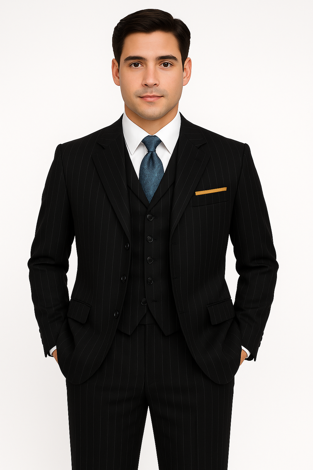 3 Button 3 Piece Suits Vested 100% Wool Suits Vested Black Stripe ~ Pinstripe Pleated Pants