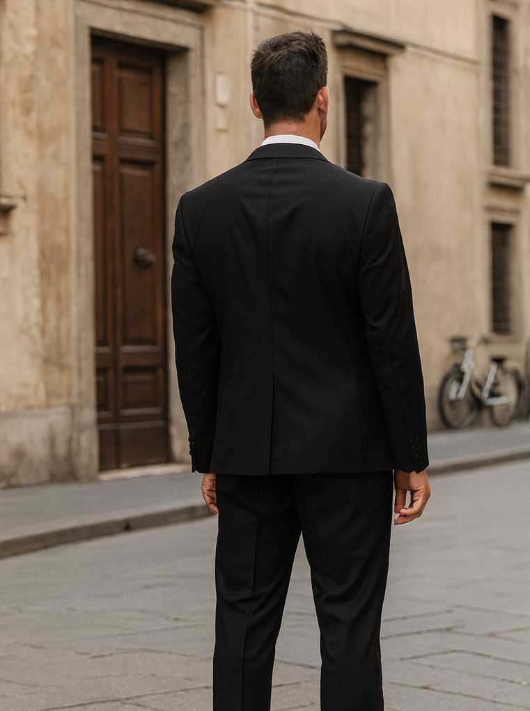 Mens Black 2 Button Linen Suit with Elbow Patches