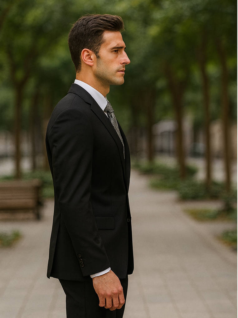 Mens Black 2 Button Linen Suit with Elbow Patches