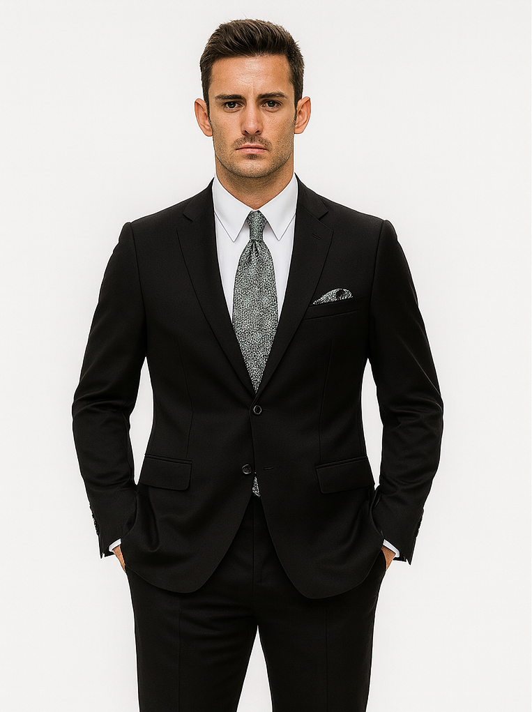 Mens Black 2 Button Linen Suit with Elbow Patches