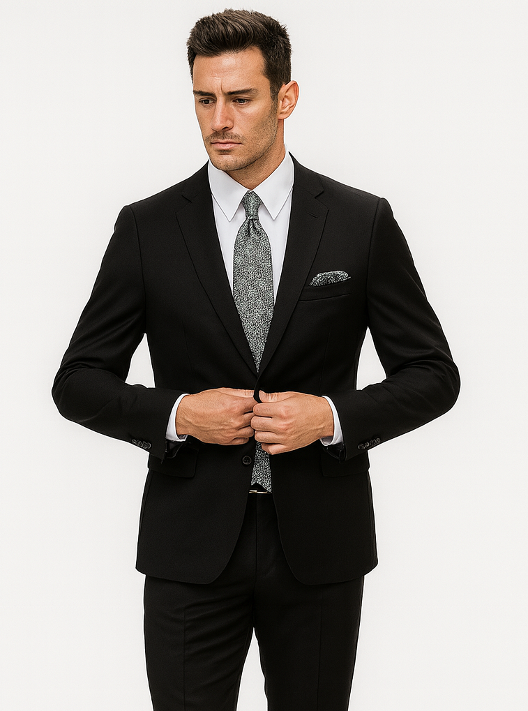 Mens Black 2 Button Linen Suit with Elbow Patches