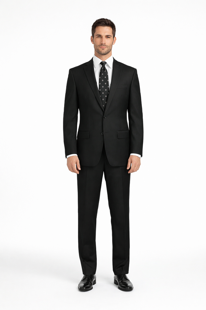 Men’s 2 Button Classic Fit Suit - Black Pleated Pants Notch Lapel Side Vents
