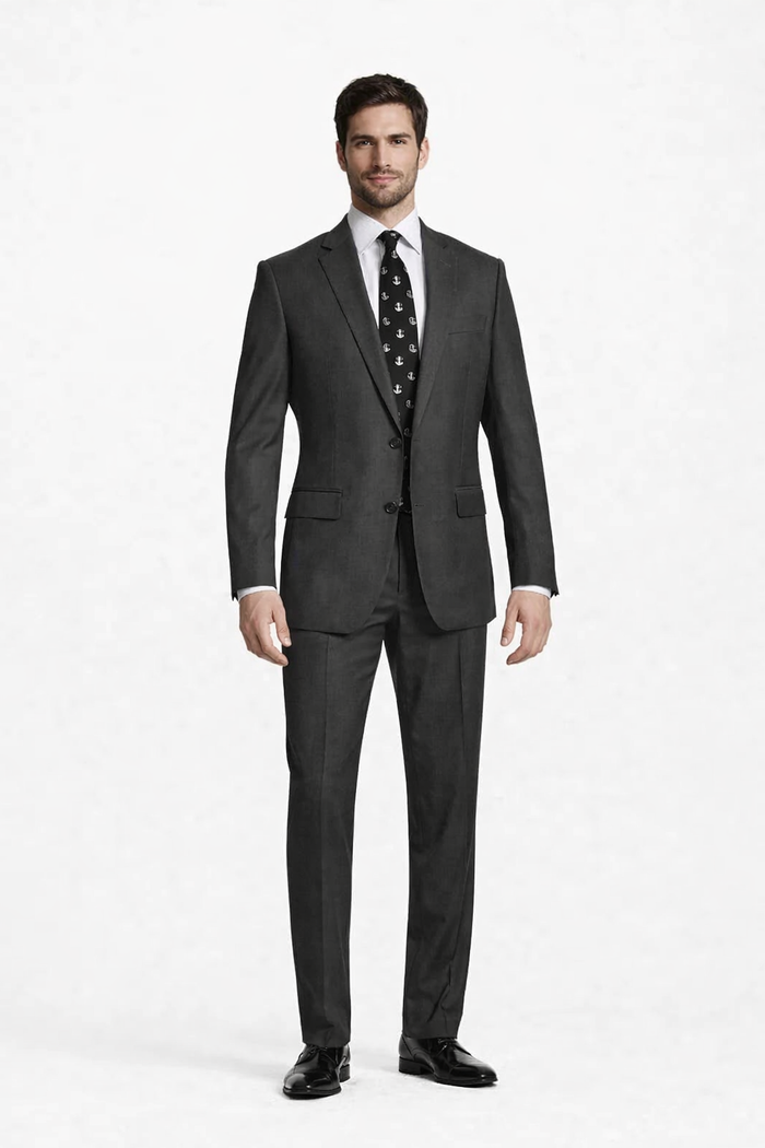 Men’s 2 Button Classic Fit Suit - Black Pleated Pants Notch Lapel Side Vents