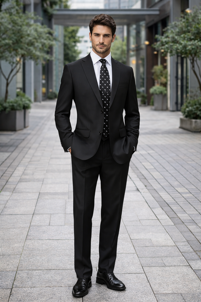 Men’s 2 Button Classic Fit Suit - Black Pleated Pants Notch Lapel Side Vents
