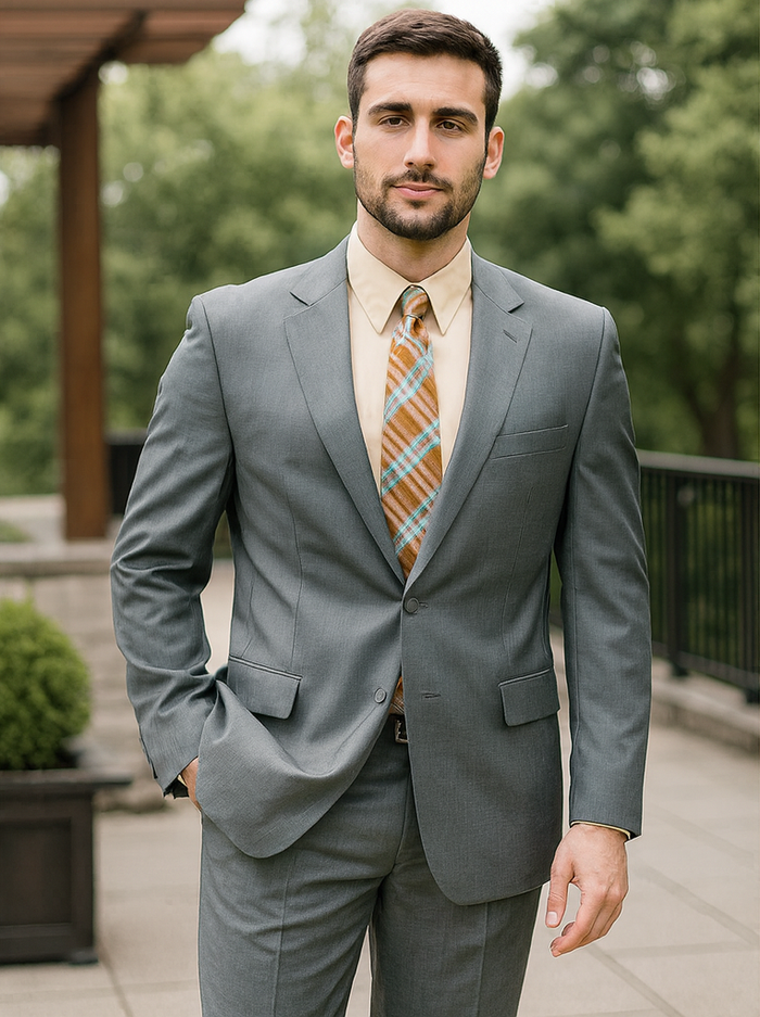 Grey 2 Button Classic Fit Pleated Suit