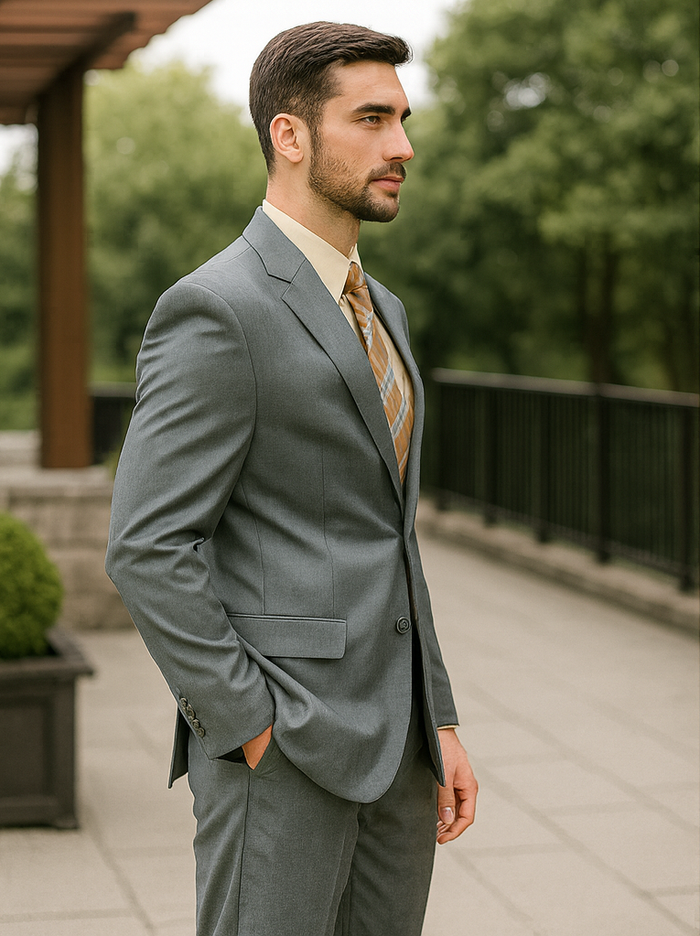 Grey 2 Button Classic Fit Pleated Suit