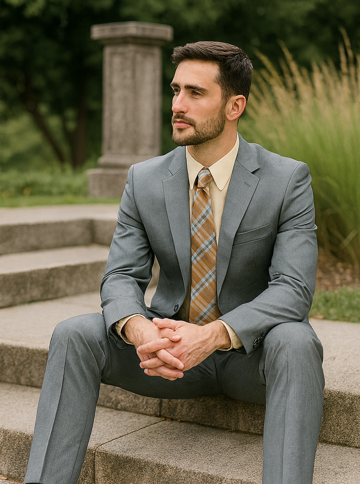 Grey 2 Button Classic Fit Pleated Suit